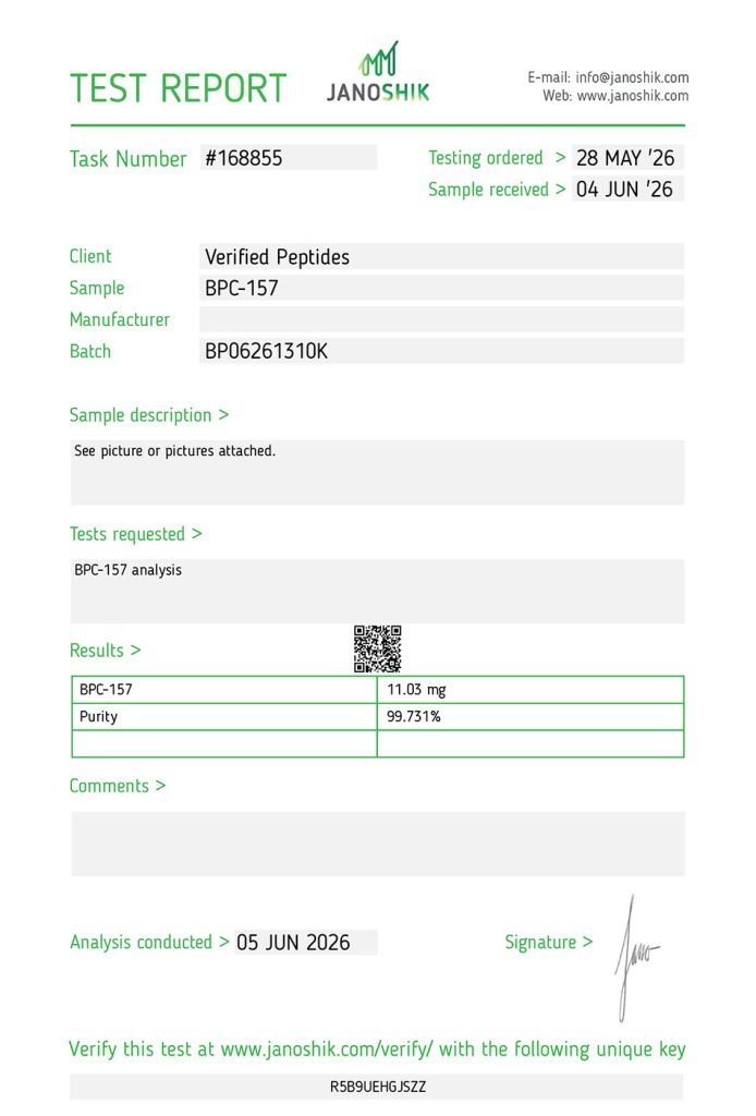 bpc 157 peptide purity certificate of analysis lab test report june 2026