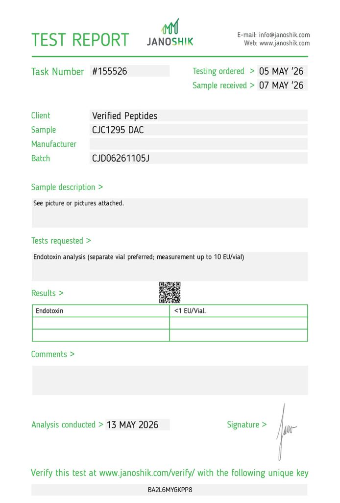 cjc1295 dac peptide endotoxin certificate of analysis lab test report may 2026