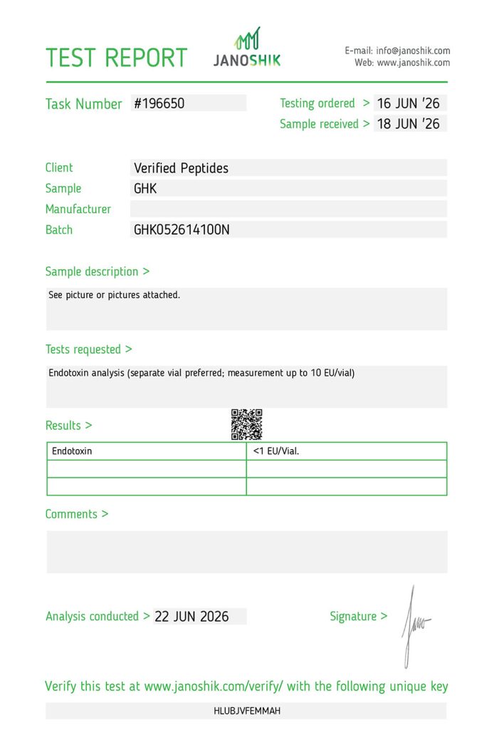 ghk cu peptide endotoxin certificate of analysis lab test report june 2026