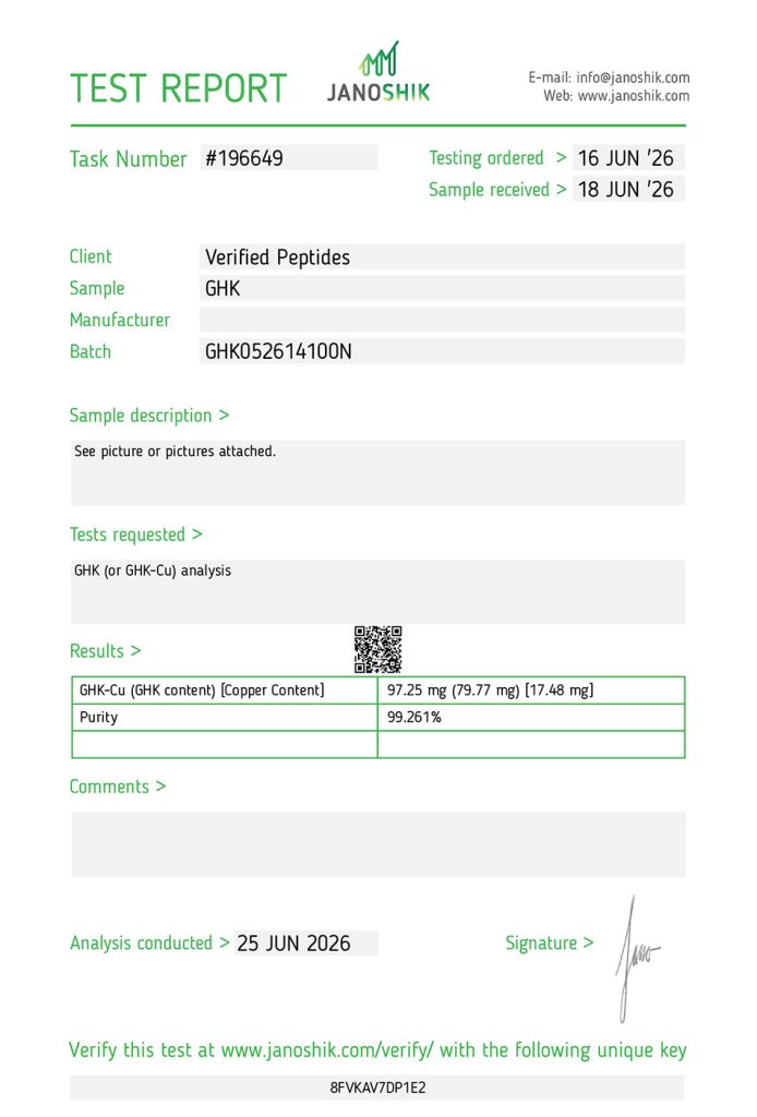 ghk cu peptide purity certificate of analysis lab test report june 2026