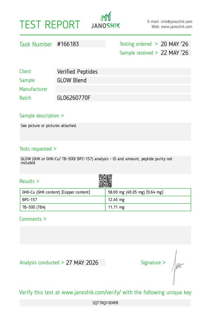 glow peptide purity certificate of analysis lab test report may 2026 gl06