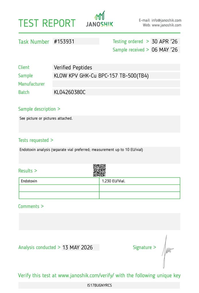klow peptide endotoxin certificate of analysis lab test report may 2026