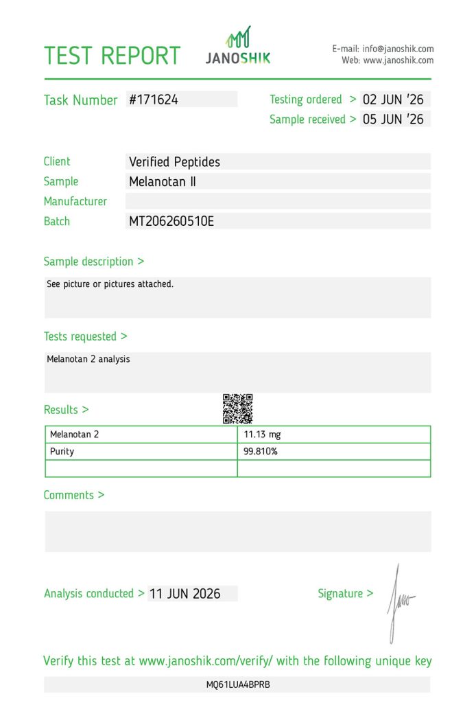 mt ii peptide purity certificate of analysis lab test report june 2026