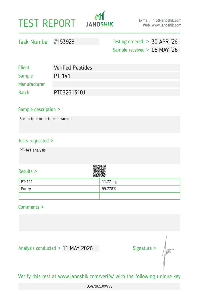 pt 141 peptide purity certificate of analysis lab test report may 2026